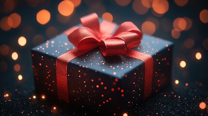 Poster - Elegant black gift box decorated with shiny red ribbon surrounded by festive bokeh lights for a magical Christmas atmosphere