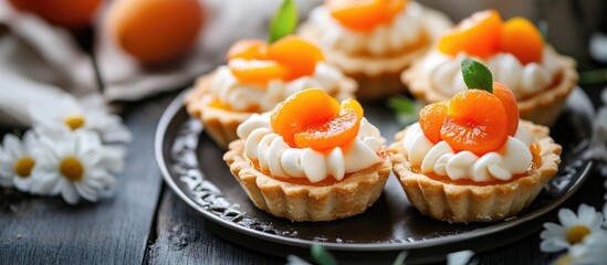 Aufkleber - Easter dessert platter with cream-filled tartlets topped with apricots and fresh mint on a rustic wooden table