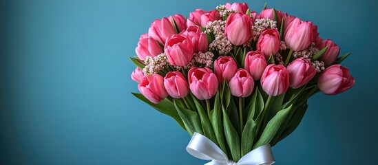 Poster - Romantic bouquet of pink tulips with white ribbon against a blue background perfect for gifts and celebrations in floral design