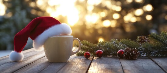 Aufkleber - Cozy coffee cup with Christmas hat on wooden table surrounded by spruce branches and festive decorations in soft sunlight backdrop