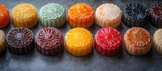 Poster - Colorful assorted mooncakes displayed on a gray background showcasing traditional dessert art and festive culinary culture