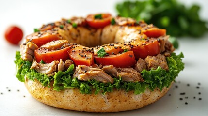 Poster - Traditional bagel topped with tuna, fresh vegetables, and lettuce presented on a white background showcasing its delicious ingredients.