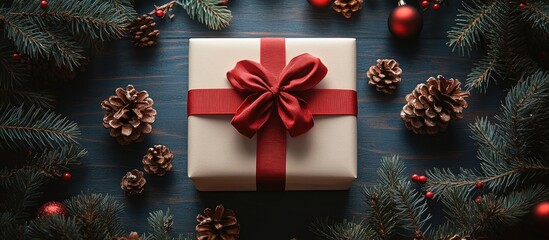 Poster - Elegant holiday gift box with red ribbon surrounded by spruce branches and pine cones on a rustic wooden backdrop for festive designs.
