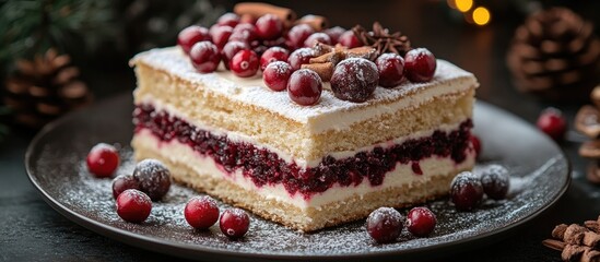 Aufkleber - Christmas cake layered with cream and cranberry filling garnished with fresh cranberries and nuts on a dark rustic plate