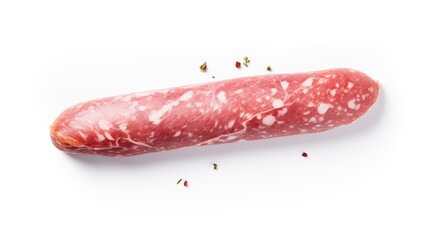 Poster - Dry cured ham sausage isolated on a white background showcasing rich texture and color ideal for culinary or food advertising purposes