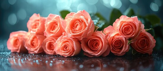 Poster - Close up of a vibrant bouquet of pink roses with dew drops on a reflective surface and a shimmering background