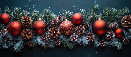 Aufkleber - Christmas decoration with ornaments pine cones fir branches and artificial snow creating a festive holiday backdrop for seasonal celebrations