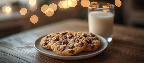 Aufkleber - Chocolate chip cookies on a plate with a glass of milk on a rustic table surrounded by soft bokeh lights creating a warm atmosphere