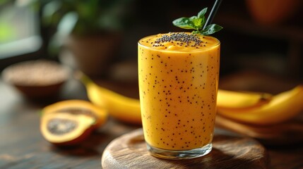 Aufkleber - Vibrant fruit smoothie with chia seeds garnished with mint on a wooden table surrounded by bananas and tropical fruits.