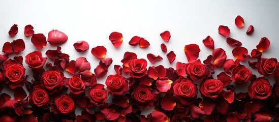 Aufkleber - Red roses and rose petals arranged on a white background perfect for romantic or decorative themes with ample copy space for text
