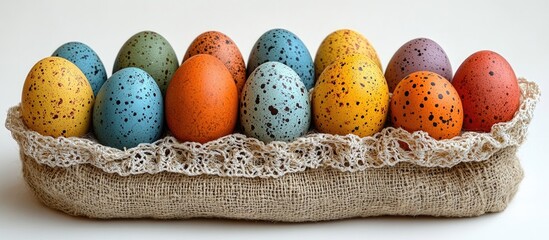 Aufkleber - Colorful speckled Easter eggs arranged in a lace-trimmed burlap bag isolated on a white background for festive decor and holiday themes.