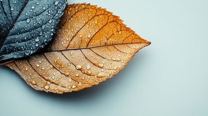 Aufkleber - Leaf texture with water droplets on contrasting dark and light leaves isolated on a soft pastel background for design and nature concepts.