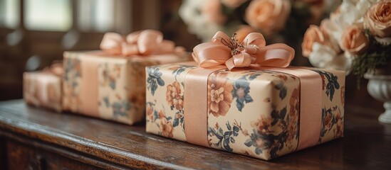 Aufkleber - Elegant floral gift boxes with satin ribbons for special occasions displayed on a rustic table with soft floral background decor.