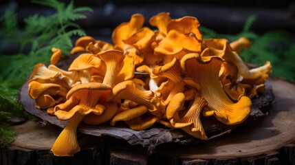 Poster - Vibrant chanterelle mushrooms arranged on a rustic wooden surface surrounded by greenery in a natural setting.