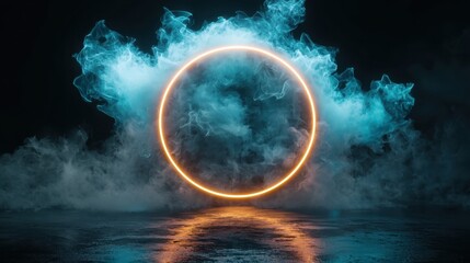 Poster - Stunning visual impact floating neon portal surrounded by electric blue smoke and orange glow in a surreal environment