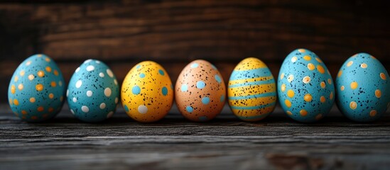 Aufkleber - Colorful Easter eggs in a row on a rustic wooden background with space for text vibrant festive decor for holiday promotions and celebrations