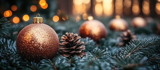 Poster - Glittering Christmas ornament nestled in evergreen branches with pine cones capturing the festive spirit and warmth of the holiday season