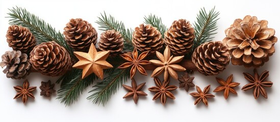 Aufkleber - Christmas decoration with thuja branches pine cones cinnamon sticks and anise stars on white background flat lay arrangement with copy space