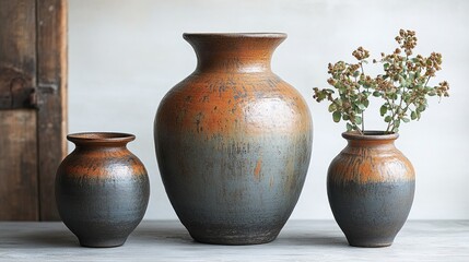 Poster - Ceramic jug collection showcasing earthy tones on a minimalist white background with decorative flowers for artistic home decor.