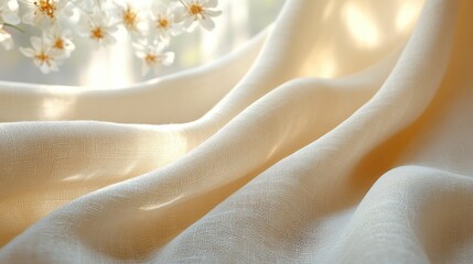 Poster - Soft Draped Cotton Calico Fabric in Warm Off-White with Delicate Floral Background for Textiles and Design Projects