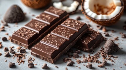 Aufkleber - Chocolate coconut wafer bar with shredded chocolate and coconut on a light surface enticing dessert background