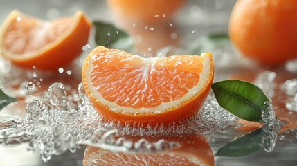 Poster - Floating tangerine slices with peel and leaves on a reflective surface creating a splash against a kitchen backdrop for beverage inspirations