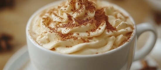 Aufkleber - Spiced coffee artfully topped with creamy foam and dusted cocoa in elegant white cup