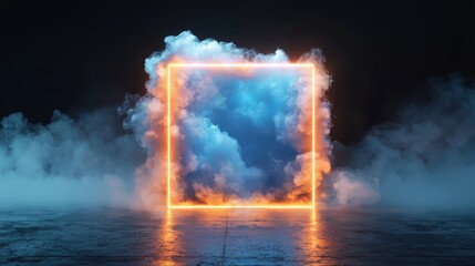 Poster - Floating neon portal with electric blue smoke and orange glowing frame in a dreamlike environment