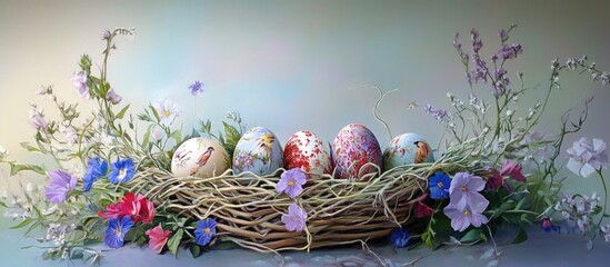 Aufkleber - Easter basket with colorful eggs resembling bird eggs surrounded by vibrant wildflowers in a springtime setting