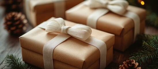 Poster - Eco-friendly gift boxes wrapped in natural paper with white ribbons, adorned with pine cones and evergreen foliage for a festive atmosphere.