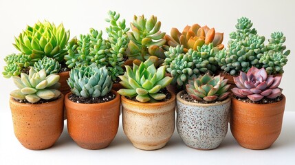 Aufkleber - Diverse collection of succulents in terracotta pots showcasing vibrant houseleeks against a clean white background for decorative use.