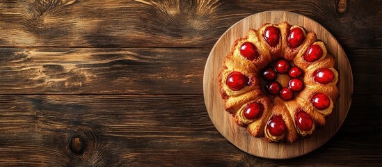 Aufkleber - Epiphany cake decorated with cherries on a wooden board top view with empty space for text and design elements in a rustic setting