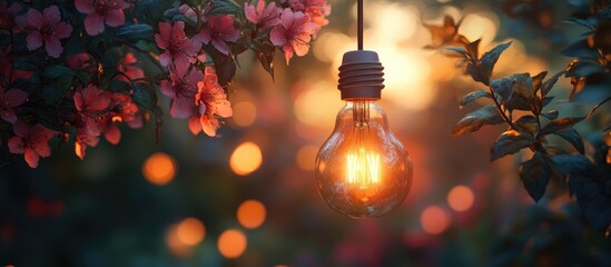 Aufkleber - Cozy autumn evening garden with flowers, warm light bulbs, and soft bokeh for a serene ambiance in nature's dusk setting