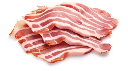 Poster - Freshly sliced pork bacon arranged on a clean white background showcasing its texture and color for culinary presentations or recipes