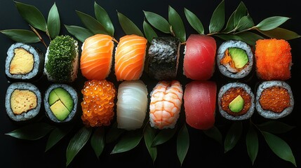 Aufkleber - Exquisite sushi rolls beautifully arranged on bamboo leaves with wasabi and ginger against a contrasting black background