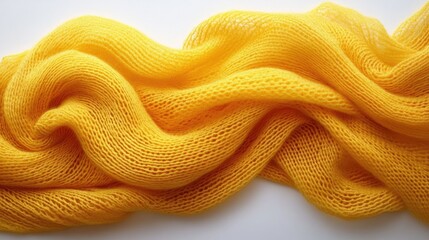 Poster - Crumpled yellow knitted fabric showcasing texture and softness on a clean white background for fashion and textile design concepts.
