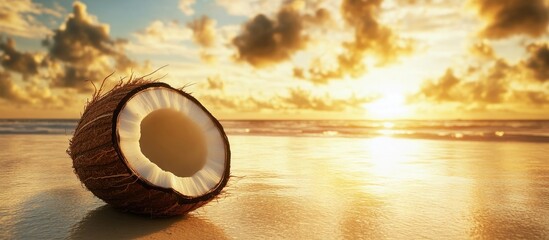 Leinwandbilder - Coconut half on sandy beach with vibrant sunset and cloudy sky creating a serene tropical atmosphere. Ideal for travel and nature themes.