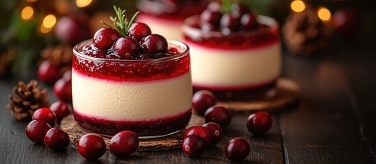 Aufkleber - Festive panna cotta dessert with cranberry jam and fresh cranberries served in glass on wooden table with decorative holiday elements