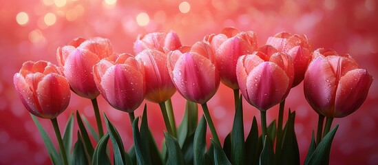 Poster - Pink tulip bouquet against soft pink background for celebration greeting card design with copy space for messages and invitations