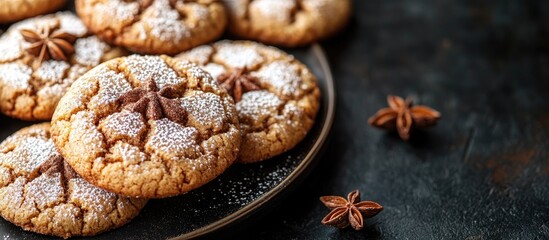 Aufkleber - Cinnamon crinkle cookies presented on dark backdrop with anise stars enhancing the rustic and cozy baking theme in flat lay style
