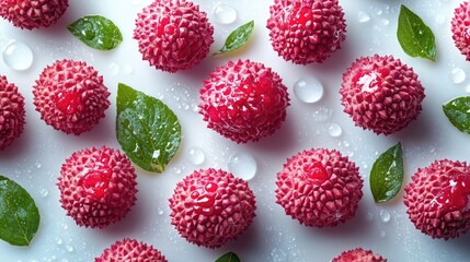 Poster - Freshly harvested lychees with green leaves and water droplets on a pristine white background enhancing their vibrant colors and textures