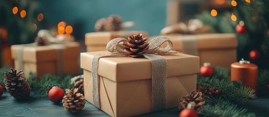 Poster - Elegant gift boxes with decorative accents on a festive craft background surrounded by pine cones and holiday ornaments.