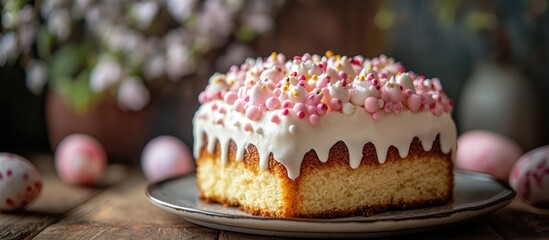 Aufkleber - Festive Easter cake with colorful sprinkles beautifully presented on a rustic wooden table with decorative eggs and flowers in the background