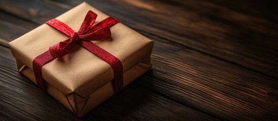 Poster - Elegant gift box adorned with a red ribbon resting on a rustic wooden surface, perfect for holiday celebrations and special occasions.