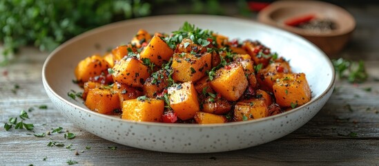 Poster - Stir Fried Pumpkin with Egg Garnished with Herbs on a White Plate against Rustic Wooden Background