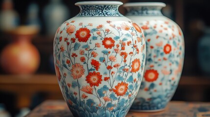 Aufkleber - Floral patterned vases displayed in close-up against a dark background highlighting intricate designs and vintage craftsmanship