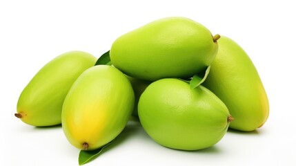 Poster - Ripe green mangoes arranged on a white background showcasing their vibrant color and tropical freshness.