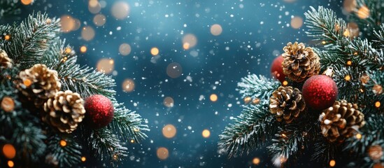 Aufkleber - Festive Christmas background featuring snowy pine branches with ornaments and bokeh lights for New Year celebration invitations
