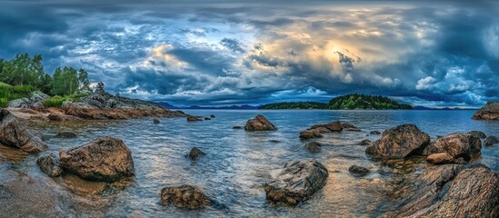 Poster - Scenic northern beach landscape with dramatic rocks and stormy clouds above tranquil waters in backdrop of lush greenery