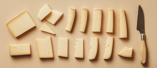 Aufkleber - Cheese cuts arranged in a flat lay with a cheese knife ideal for culinary presentations and food preparation themes